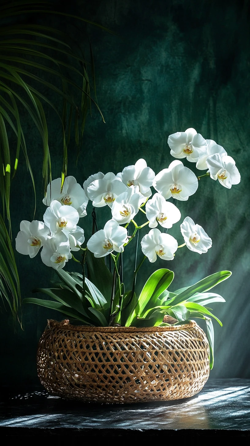Blooming flowers in an ornate basket on dark slate
