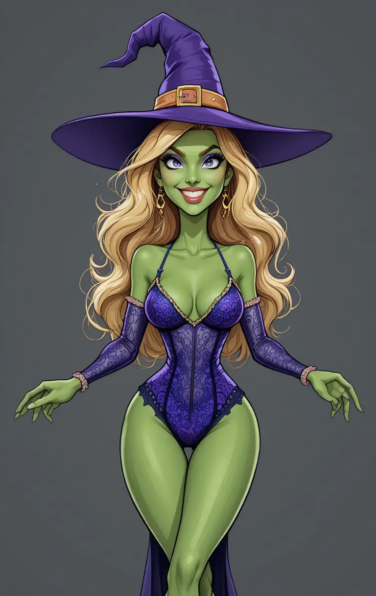 A mischievous witch faces a terrified couple in comic book style