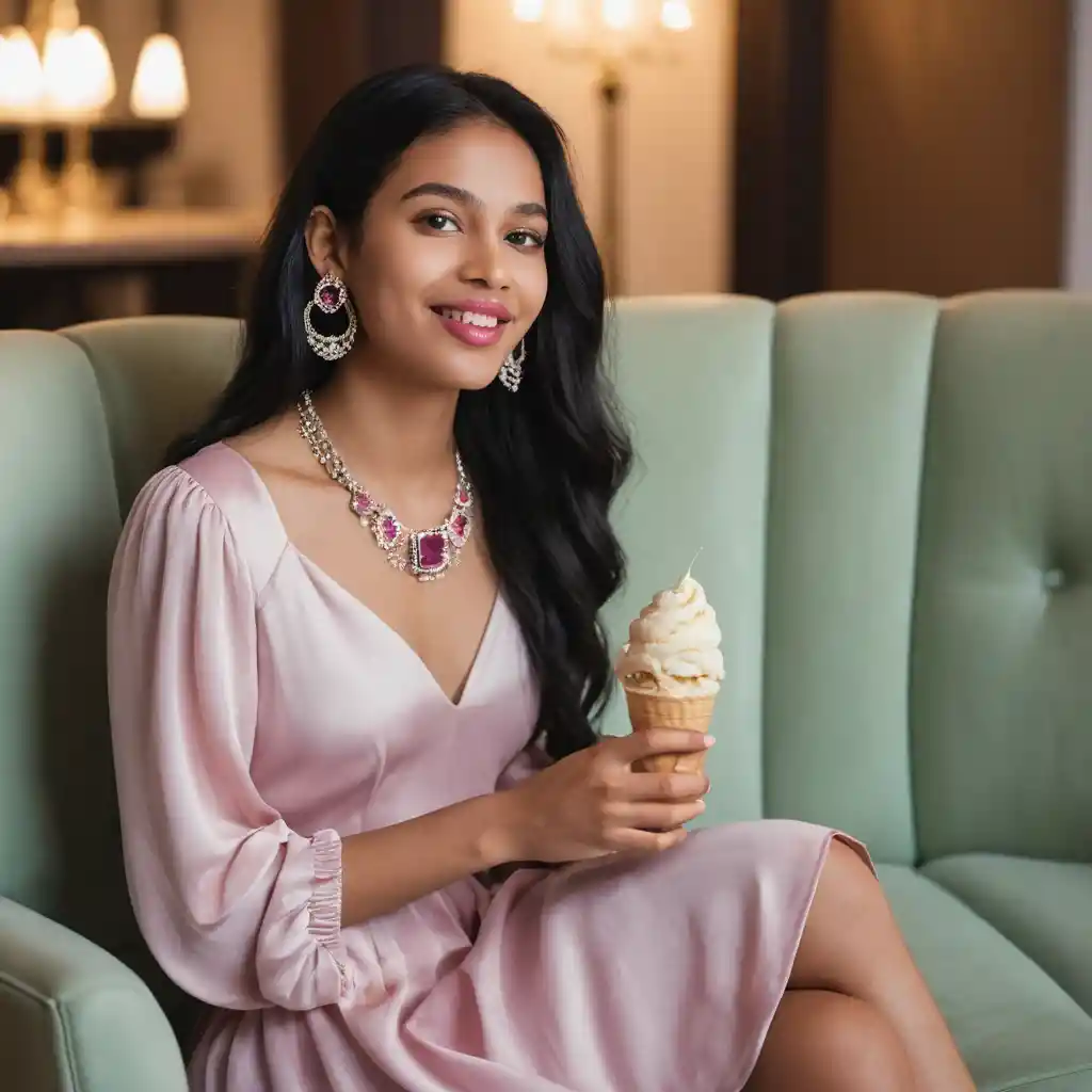 Una giovane donna gusta un gelato alla vaniglia seduta su una poltrona morbida