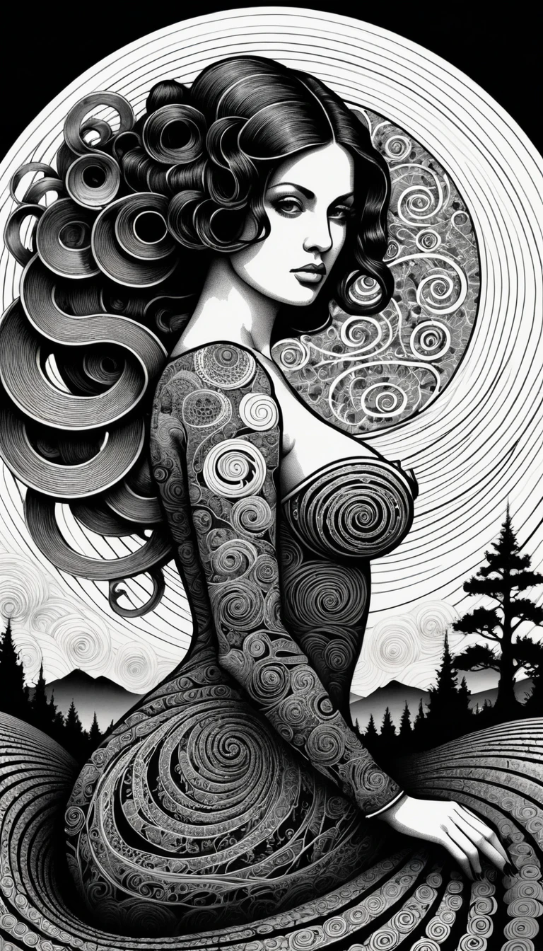 Eine Frau aus ineinander verschlungenen schwarzen Spiralen vor einem spiralförmigen Hintergrund