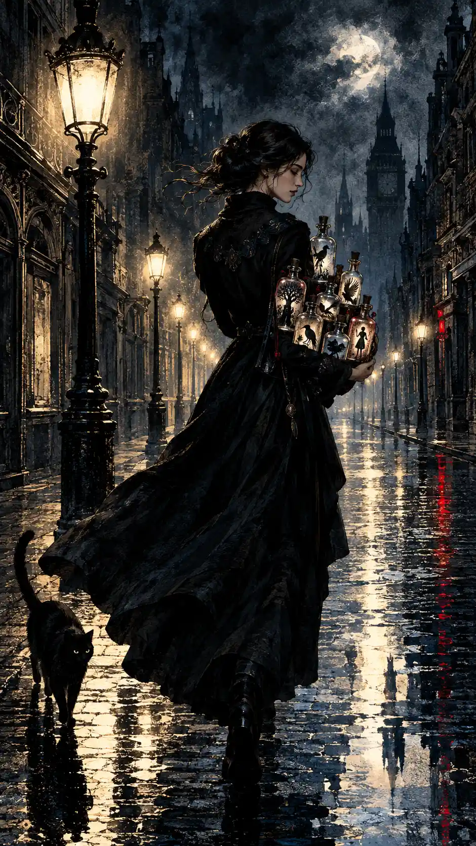 A woman carries bottles of living shadows through a deserted Victorian street