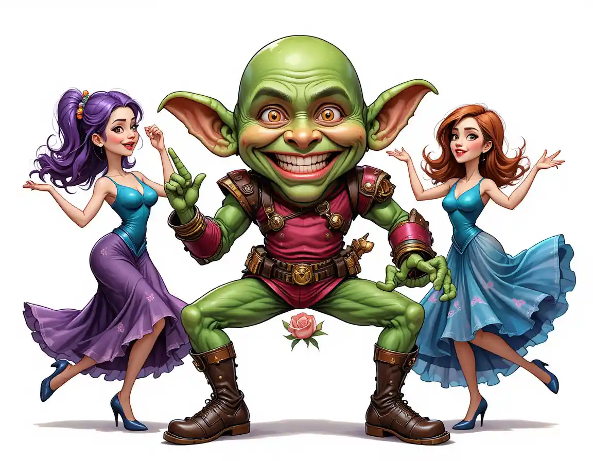 Un goblin sorridente è tra tre donne che danzano su uno sfondo bianco