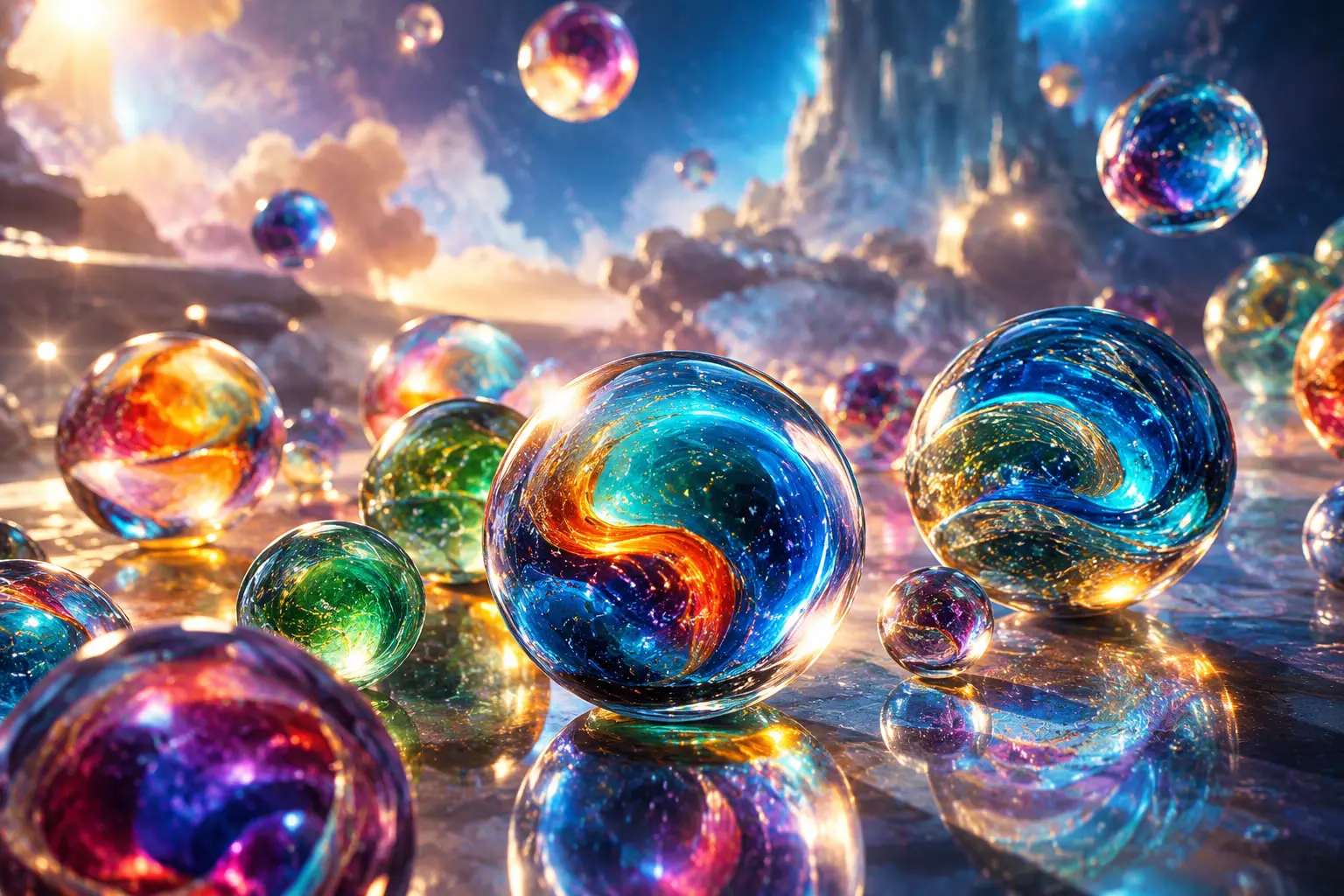 Eine Sammlung fotorealistischer Murmeln auf einer reflektierenden Oberfläche