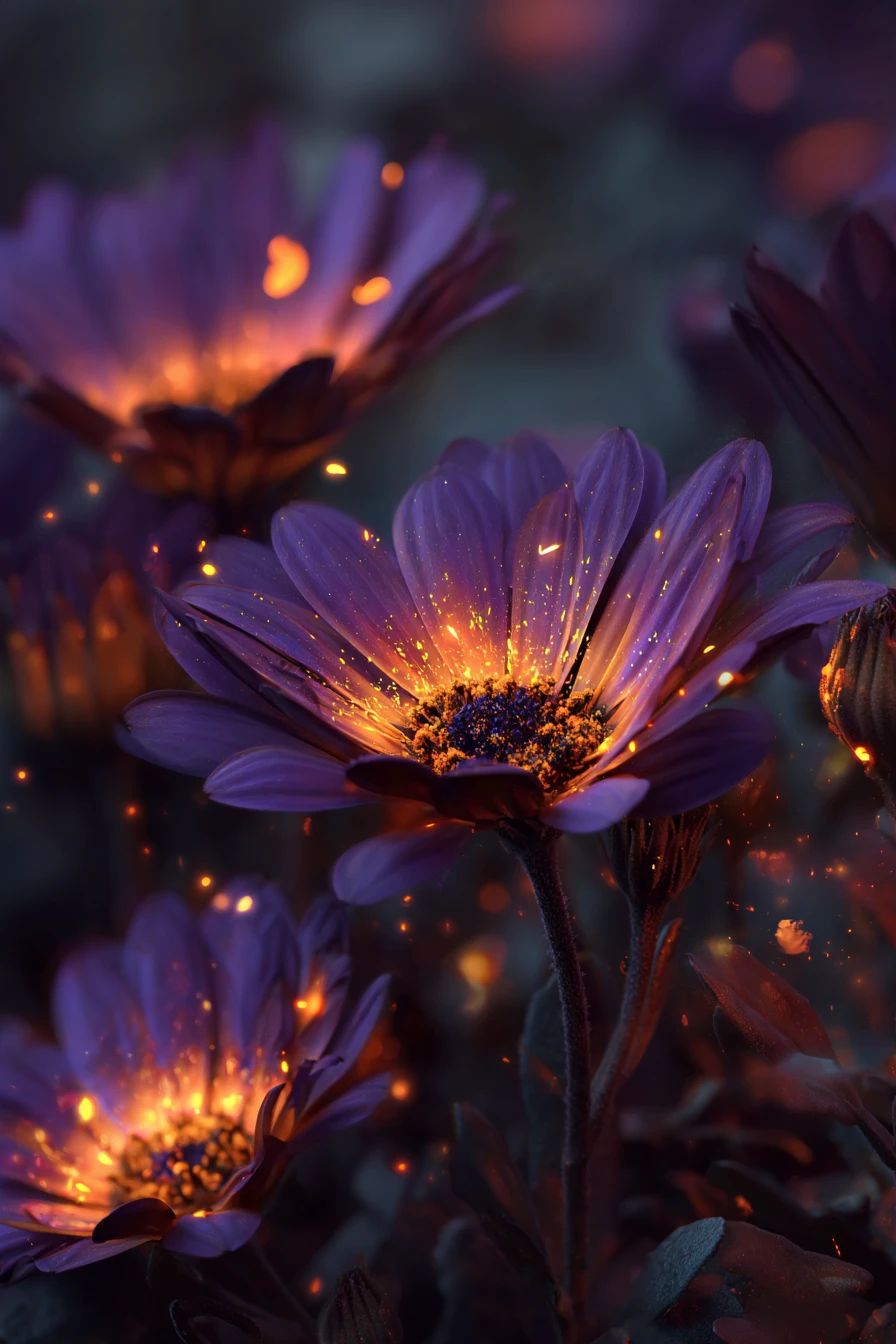 Flores roxas cintilantes em uma obra floral cinematográfica