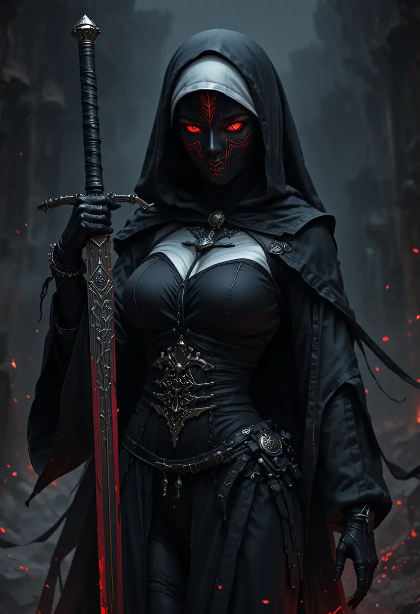 Uma assassina freira de anime mascarada empunha uma espada fantástica em um reino infernal