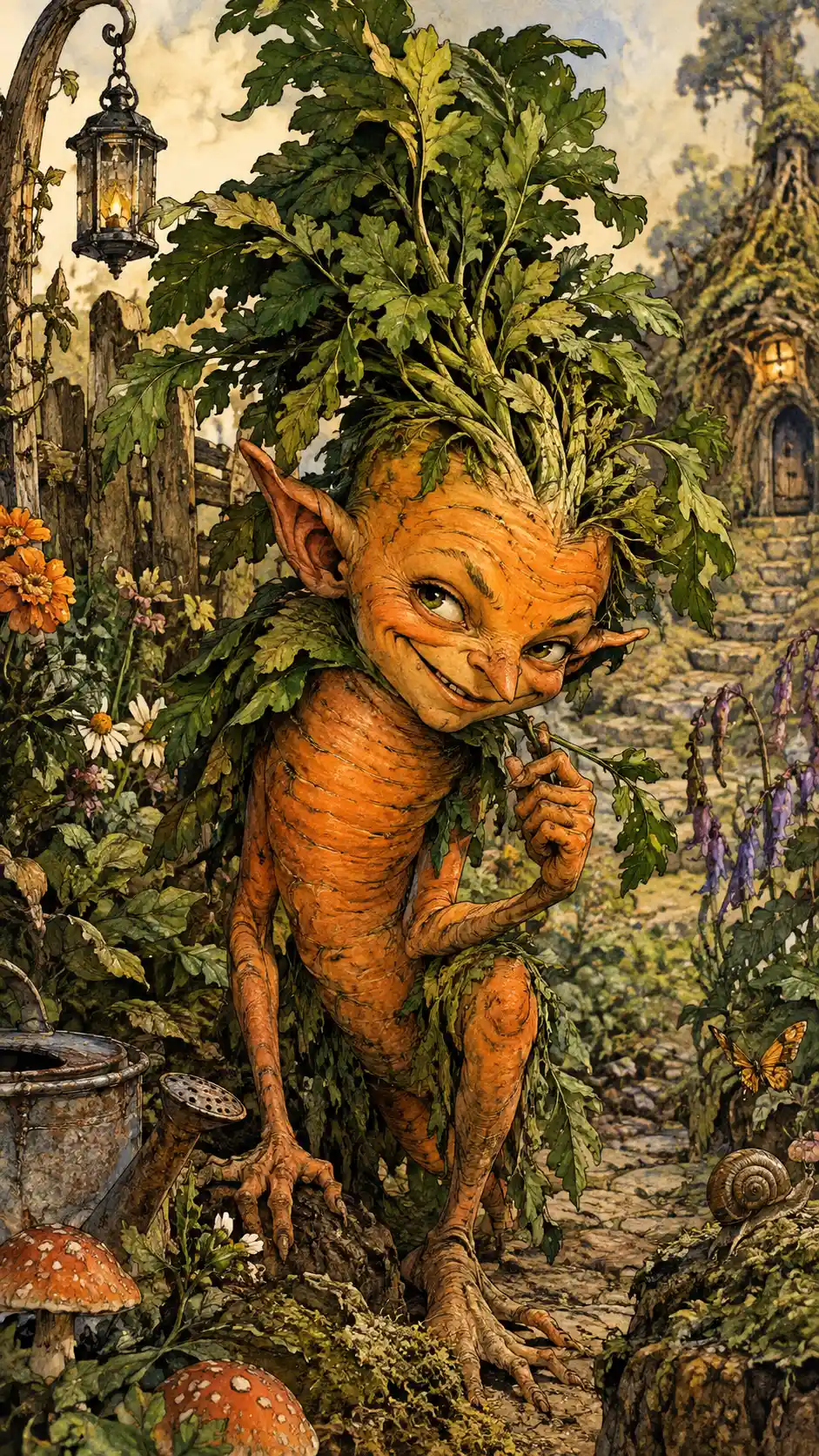 A carrot bodied goblin grins mischievously in an enchanted garden