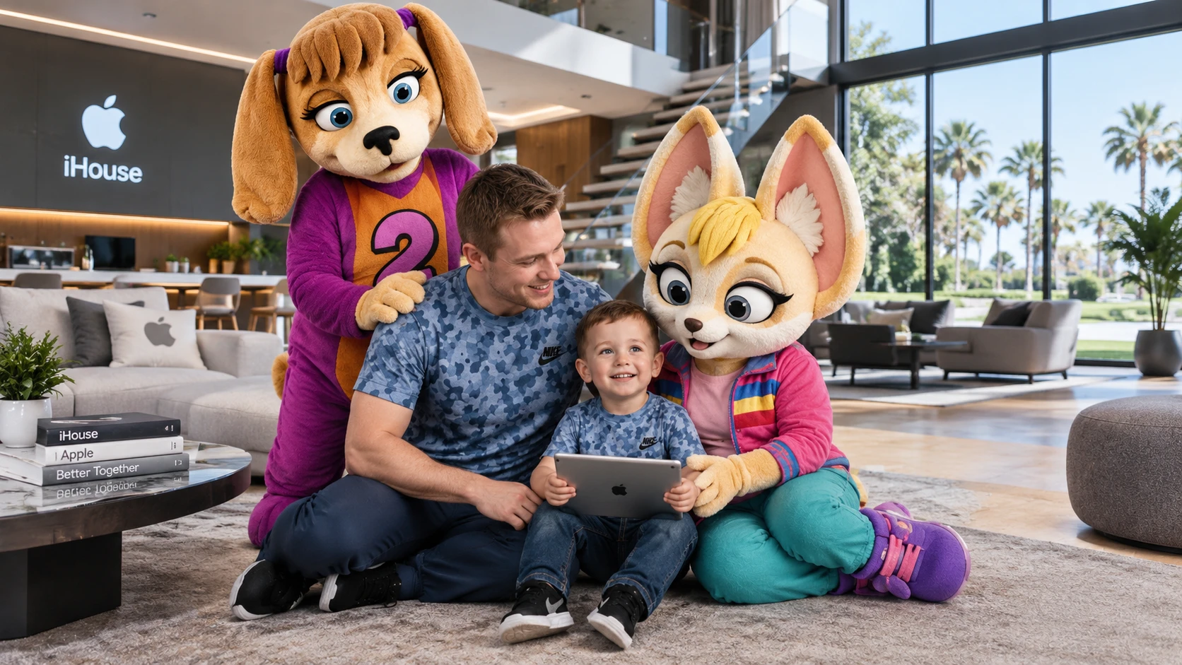 Dog mascot helps a father care for his son and daughter