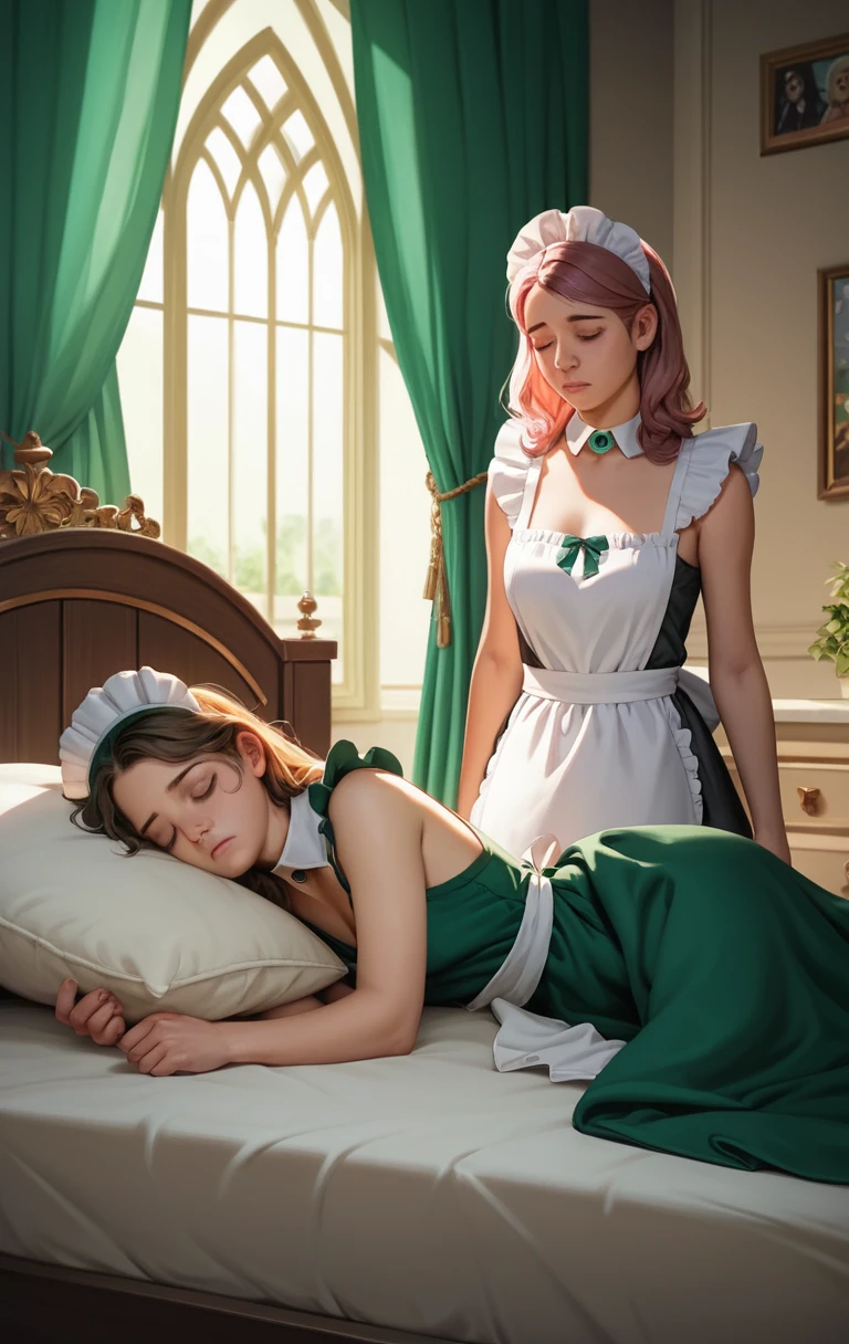 귀족 소녀가 깨어나자 하녀가 침대 캐노피 커튼을 연다