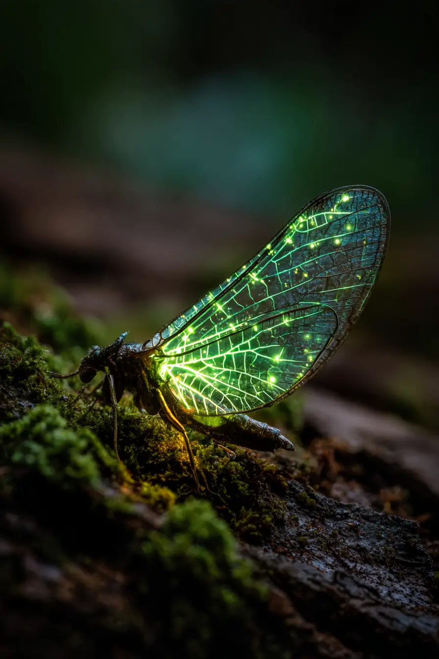 Uma mariposa luminosa repousa sobre a casca coberta de musgo numa floresta encantada