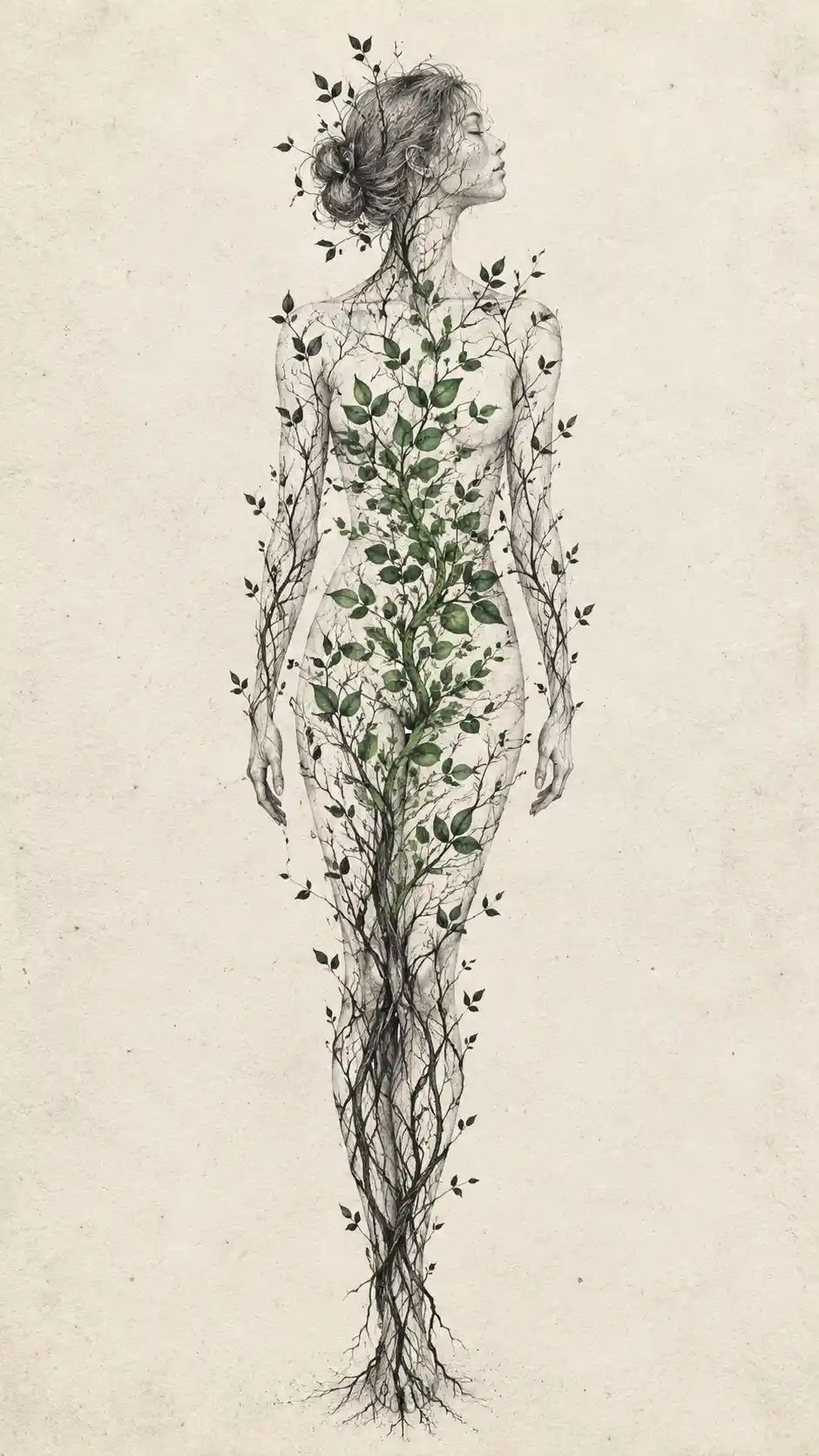 Una silhouette umana con foglie verdi che spuntano da rami intricati