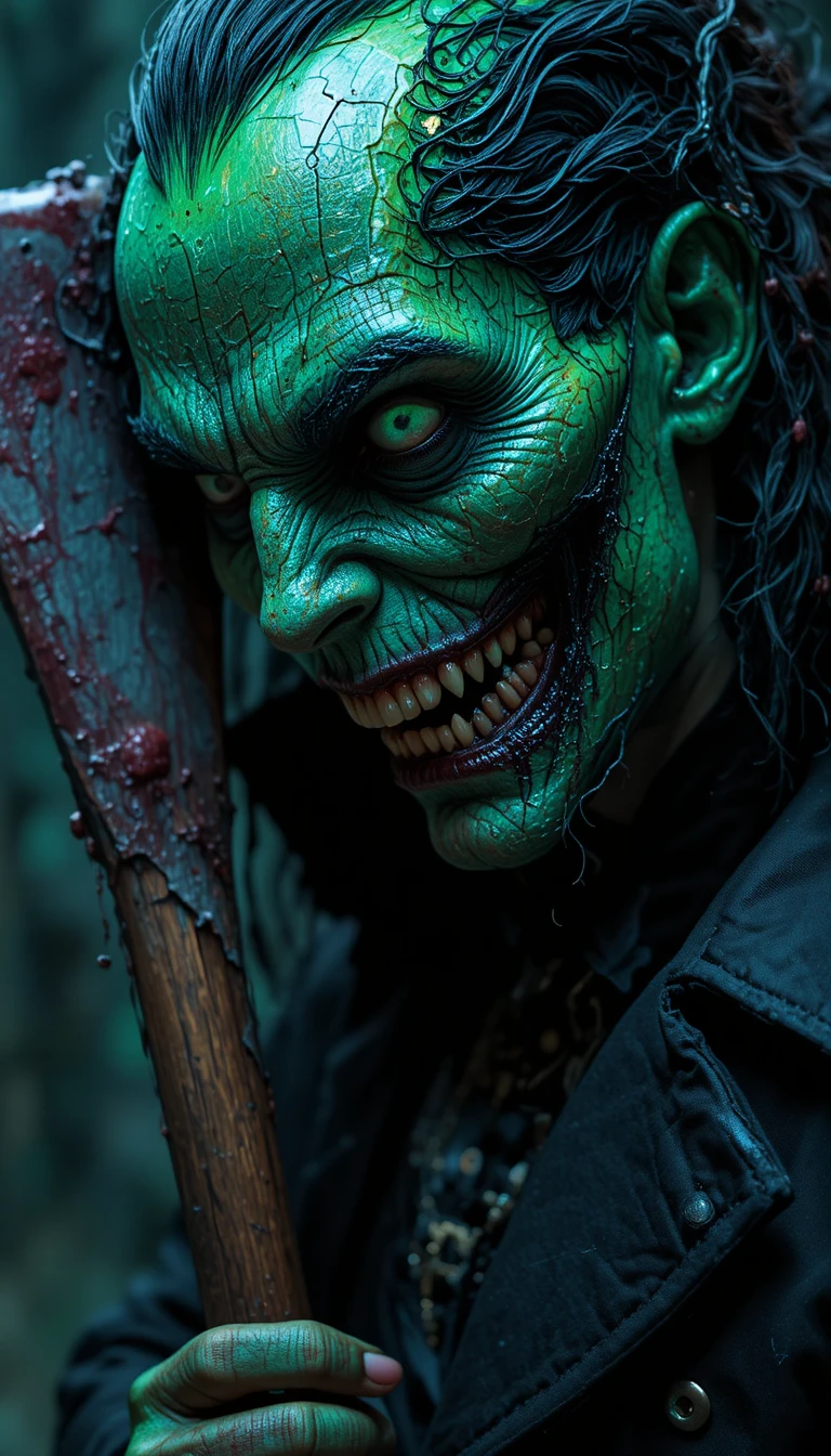 A masked character holds a bloody axe in close-up