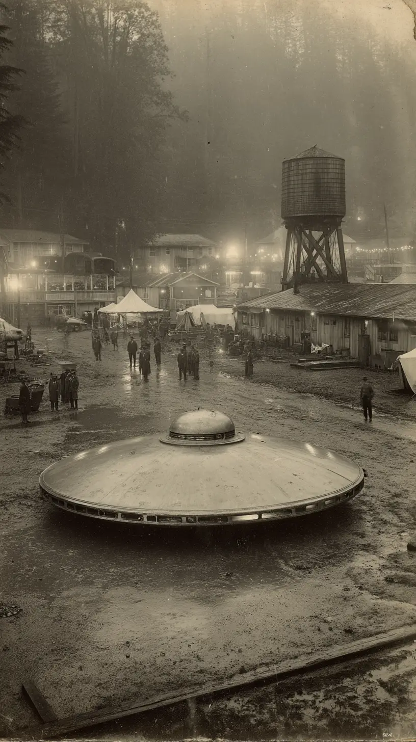 A disc-shaped craft rests at a storm-lashed 1920s military base