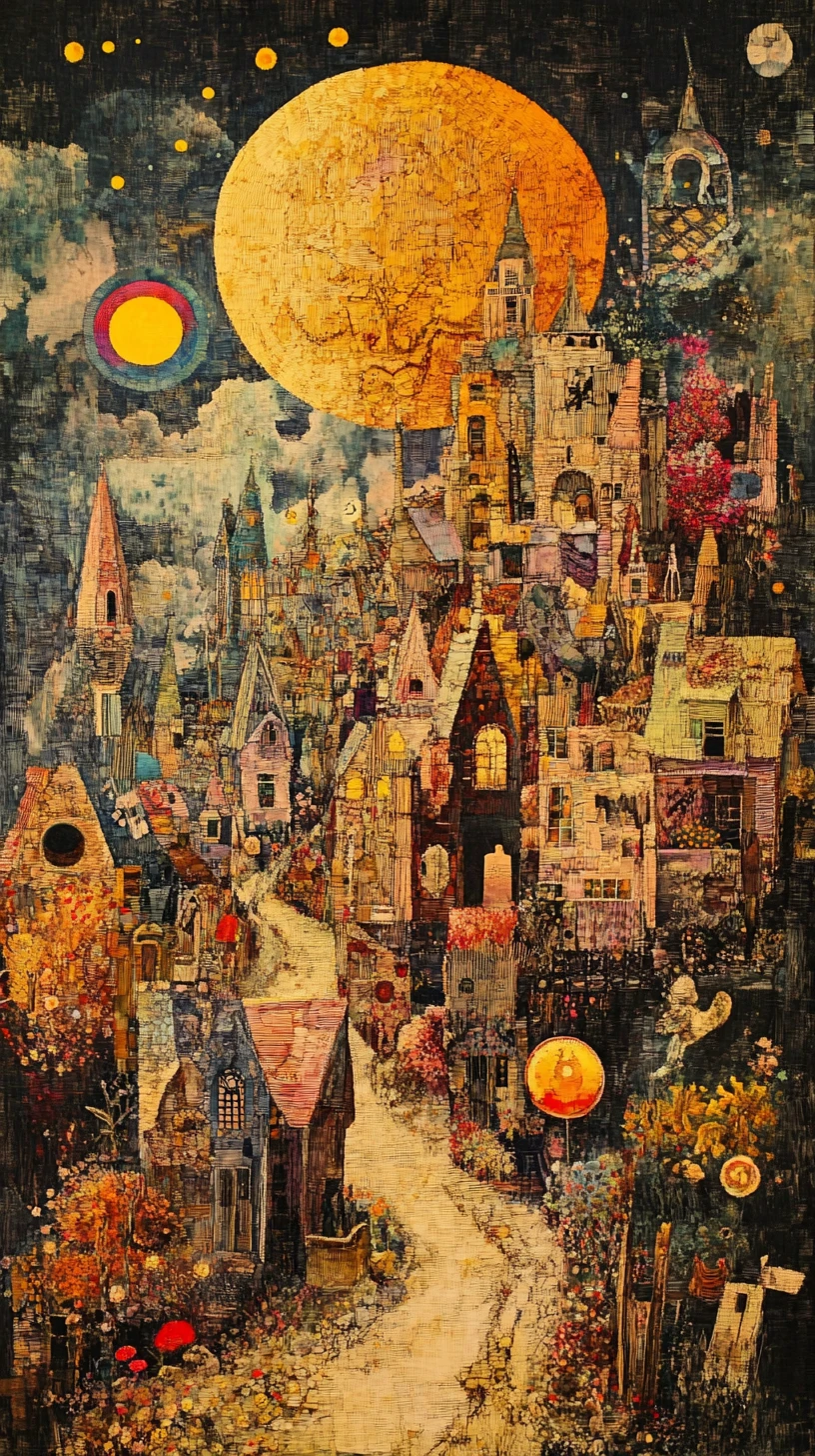 タペストリーアートで描かれた小さな町の幸せな一日