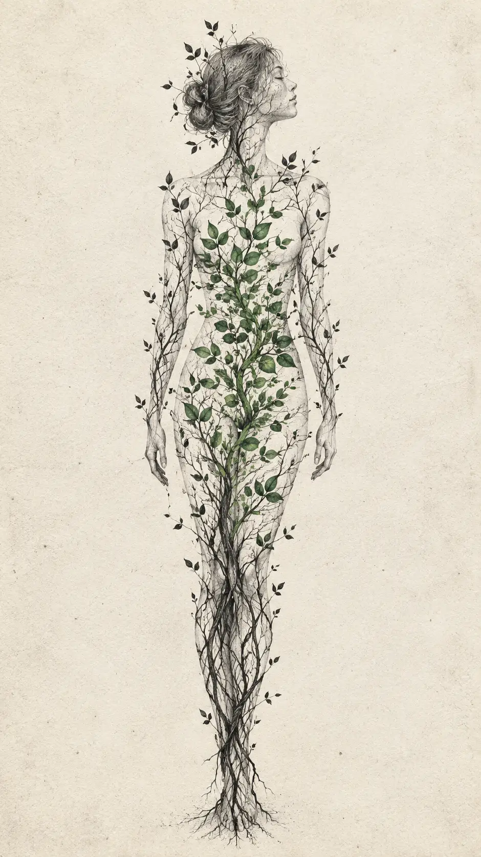 Una silhouette umana con foglie verdi che spuntano da rami intricati