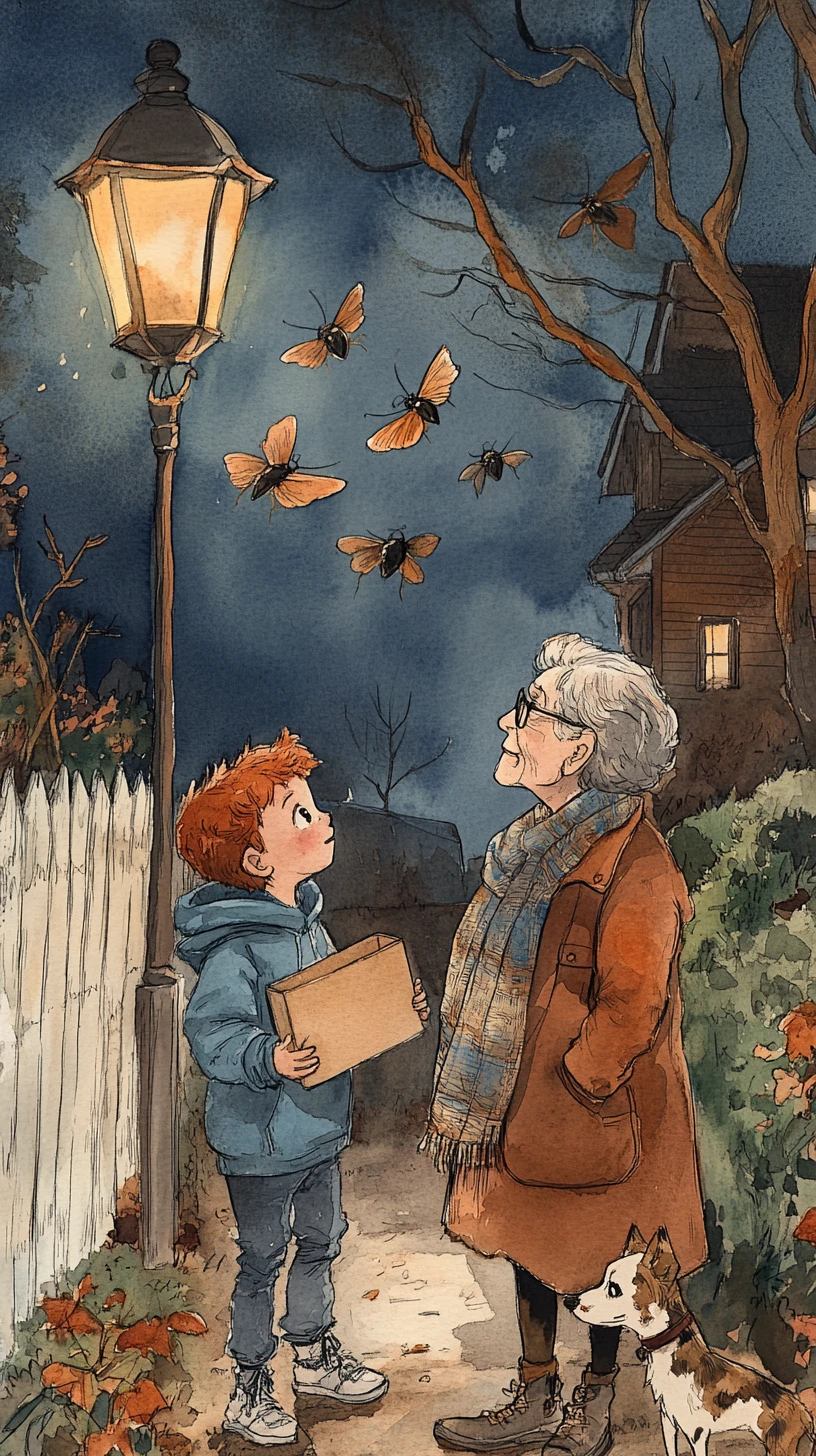 A boy and an elderly woman gaze at beetles beneath a lamppost