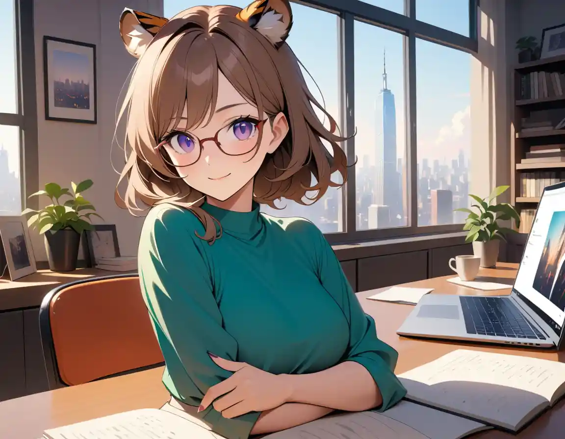 A Tiger Woman Editor Working at Her Desk in a Bright Magazine Office