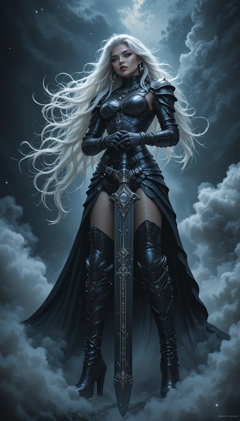 White Haired Warrior Woman Wields an Ornate Sword Amid Swirling Clouds