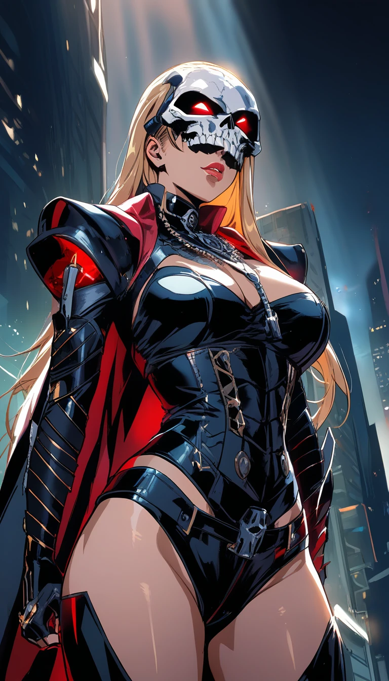 A woman cosplaying as Lady Death in skull armor