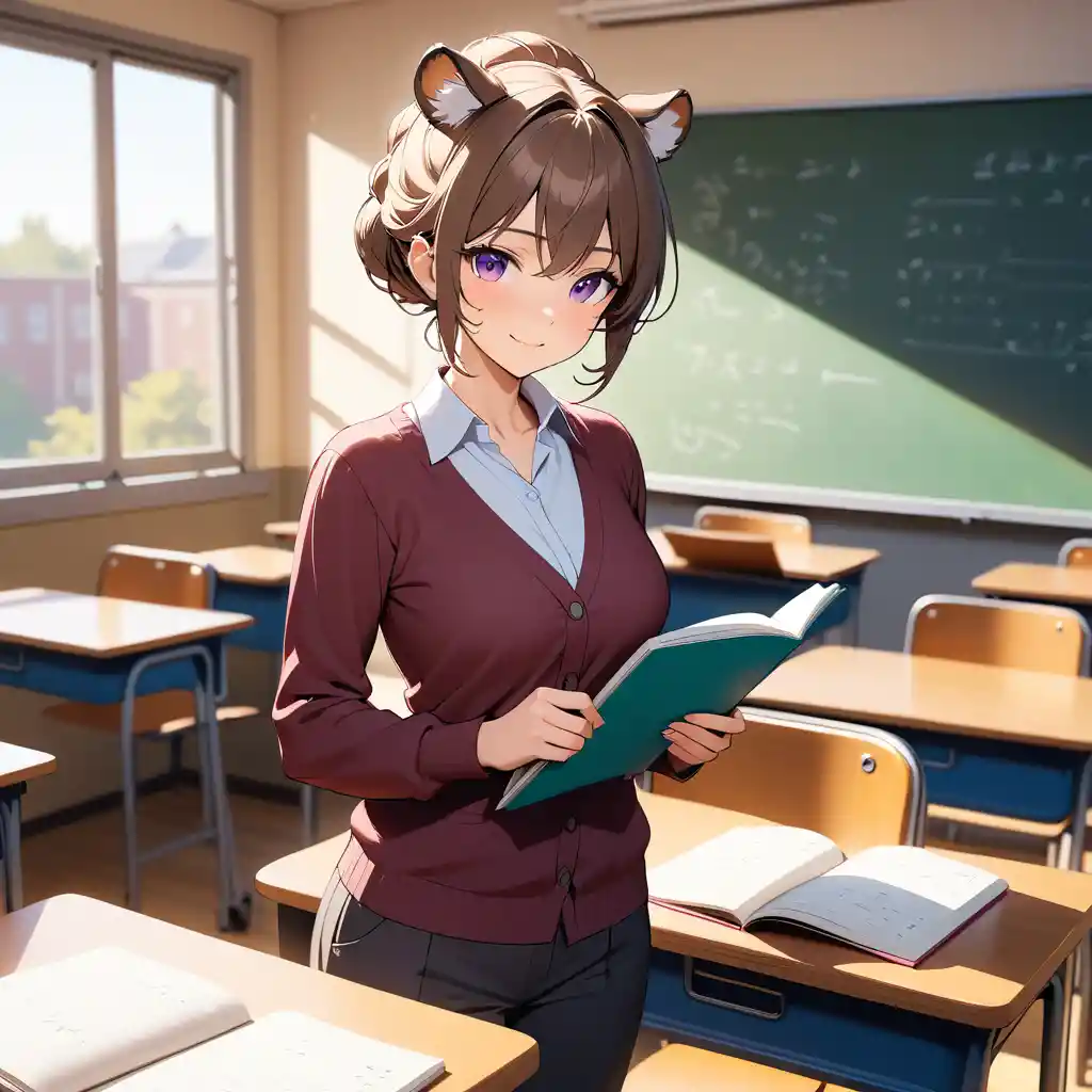 A tiger woman teacher smiles in a traditional university classroom