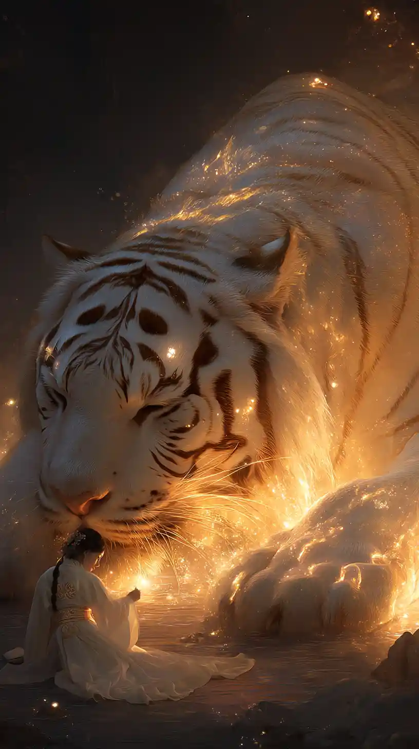 Um colossal tigre branco descansa em uma misteriosa paisagem noturna antiga