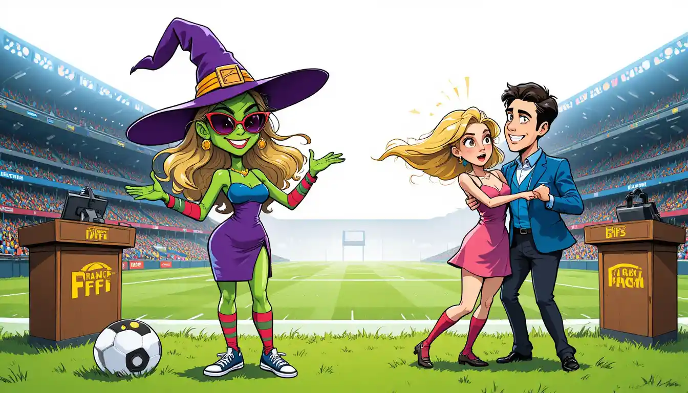 A Woman Presents a Lively Football Broadcast in a Nighttime Stadium