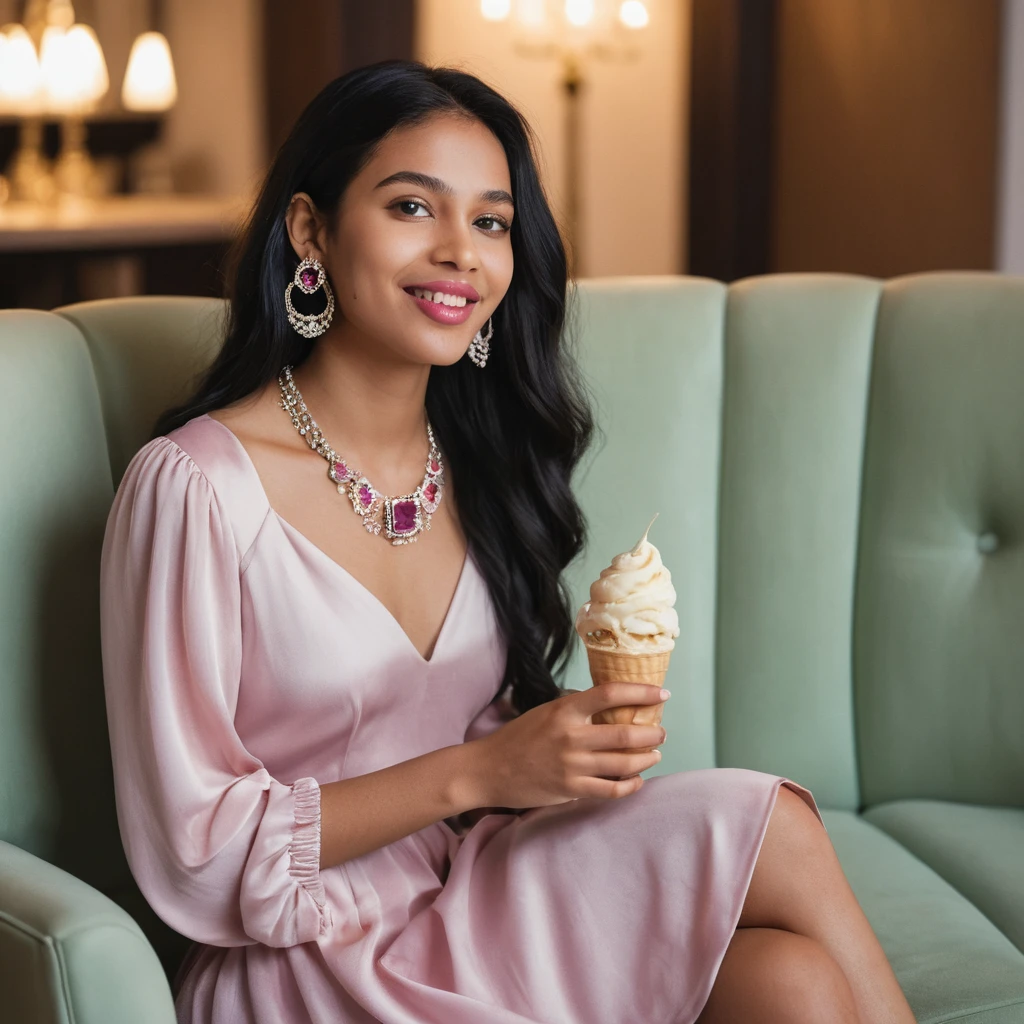 Una giovane donna gusta un gelato alla vaniglia seduta su una poltrona morbida
