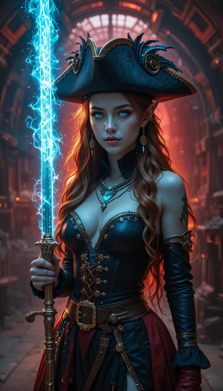 暗色肖像中的精靈海盜船長手持附魔細劍