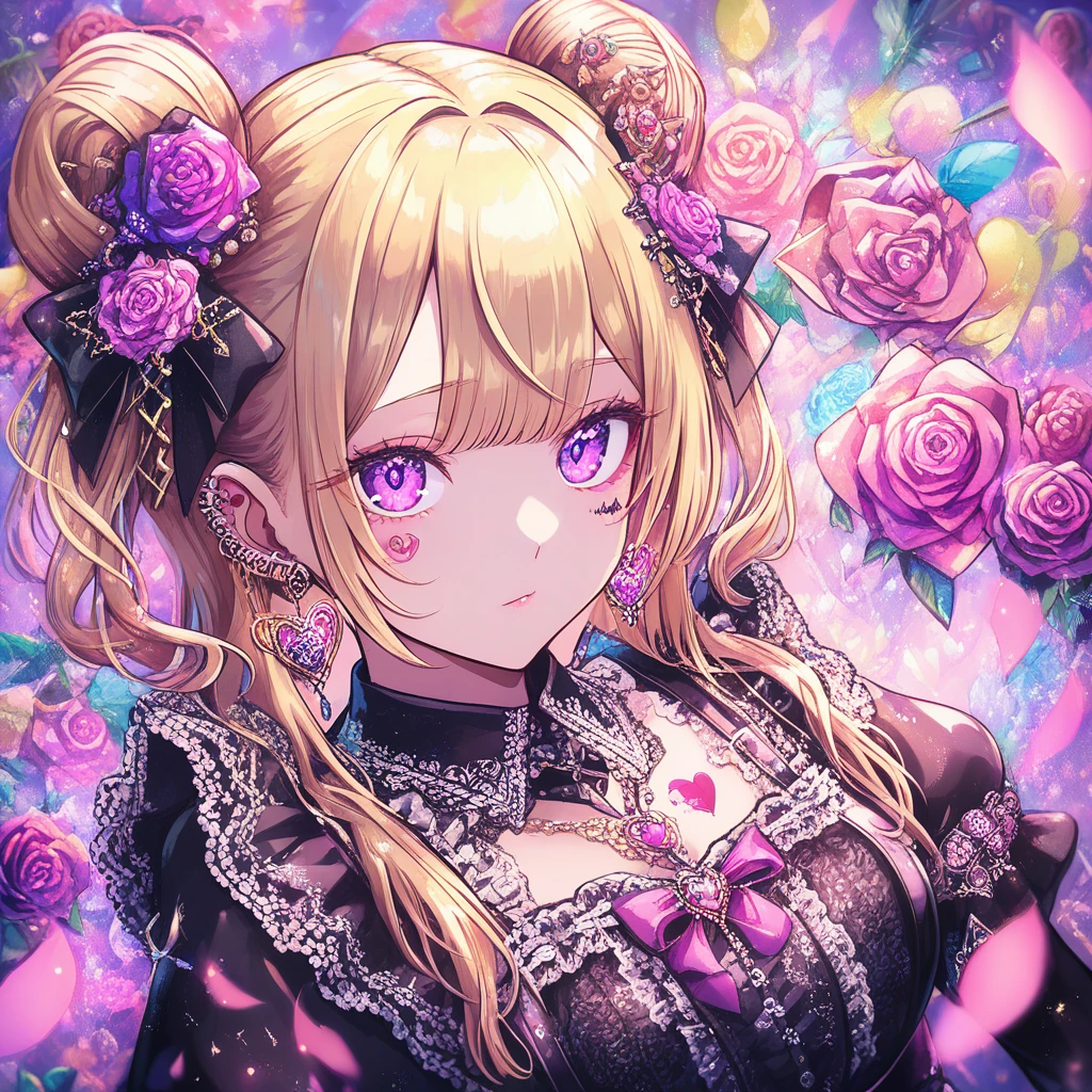 Une adorable servante aux cheveux blonds, aux yeux violets et tenant une rose
