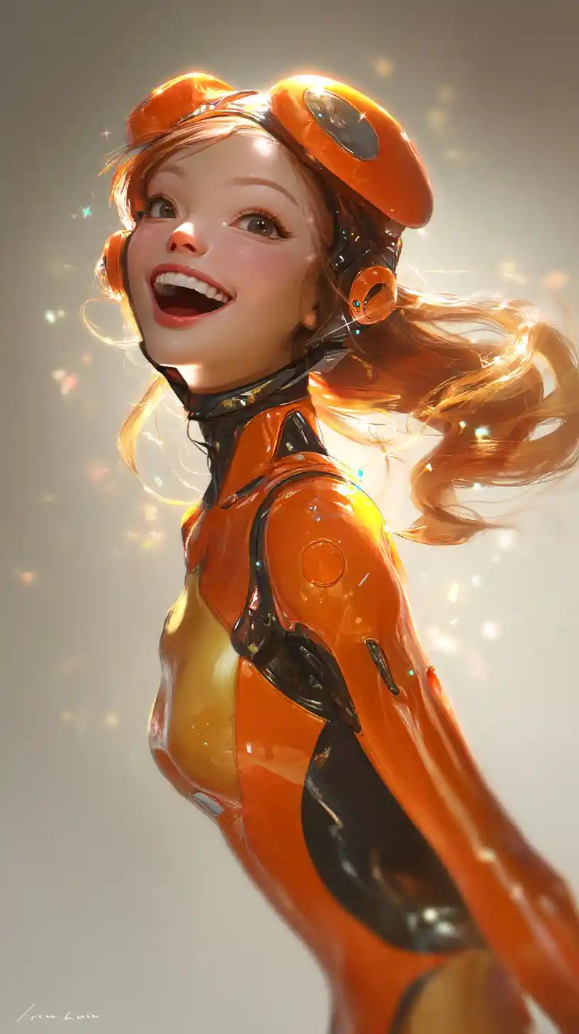 Joyful young woman in a neon witch dress and futuristic hat