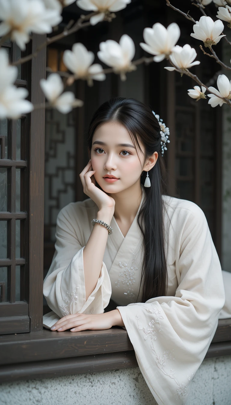 A woman in embroidered hanfu leans beside a carved lattice window