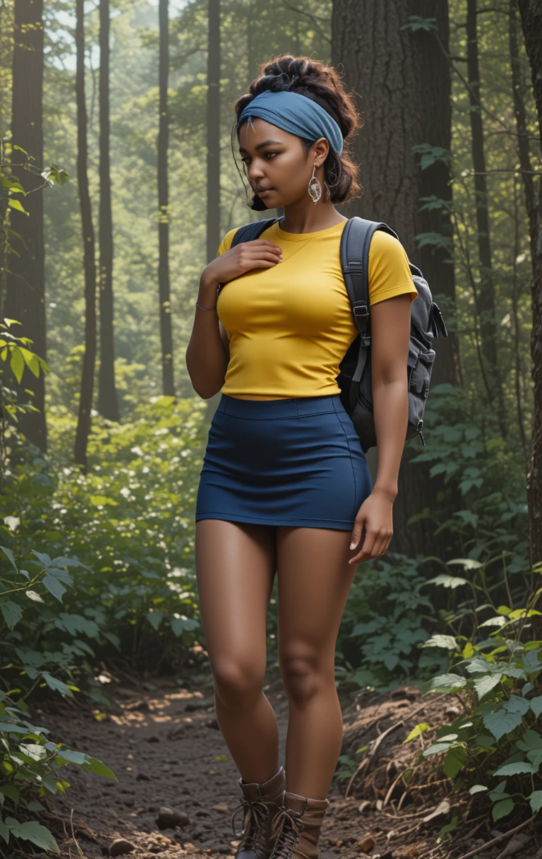 Una donna con una camicia gialla e stivali da trekking tra gli alberi del bosco