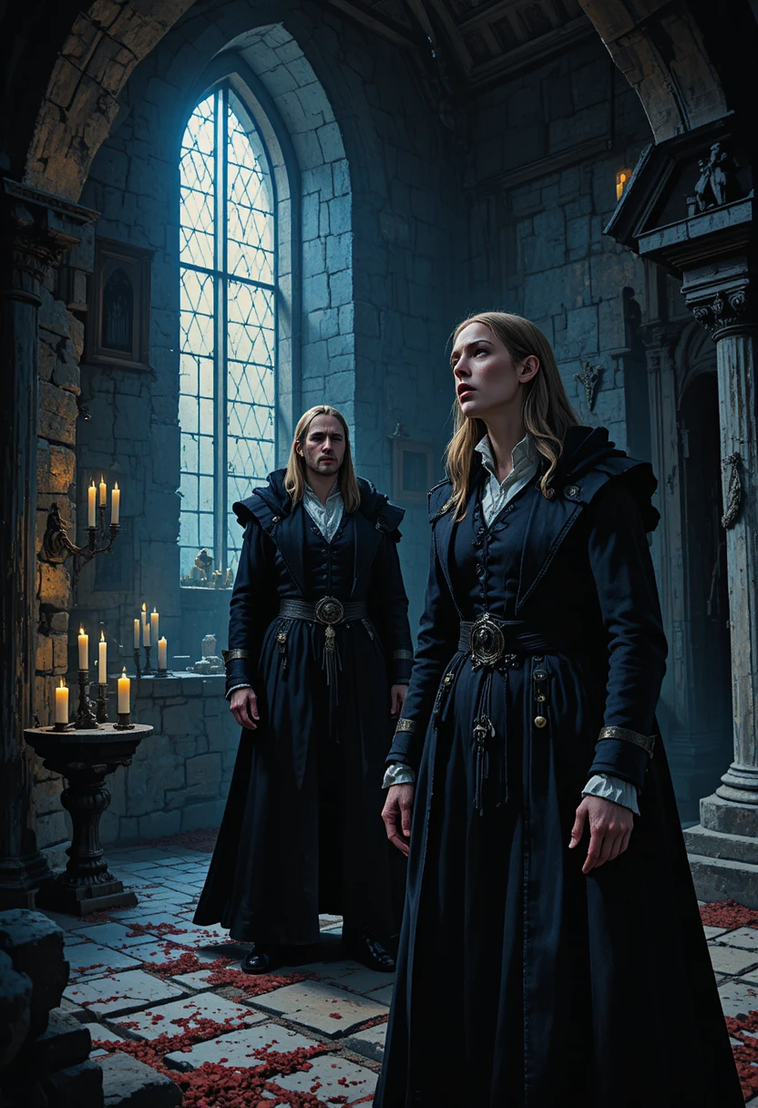 Macbeth und Lady Macbeth stehen nach Duncans Mord in einer düsteren Burg