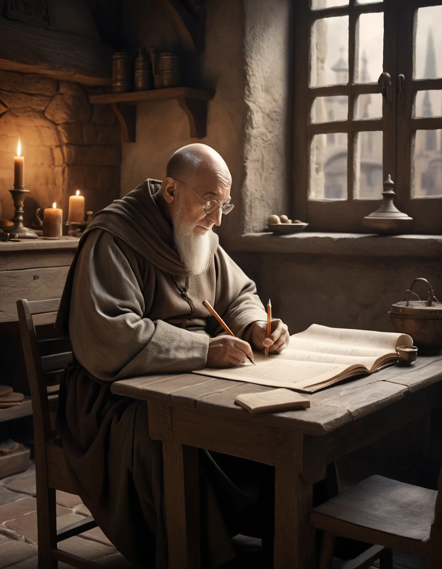 An elderly monk writes with a quill in a medieval scriptorium