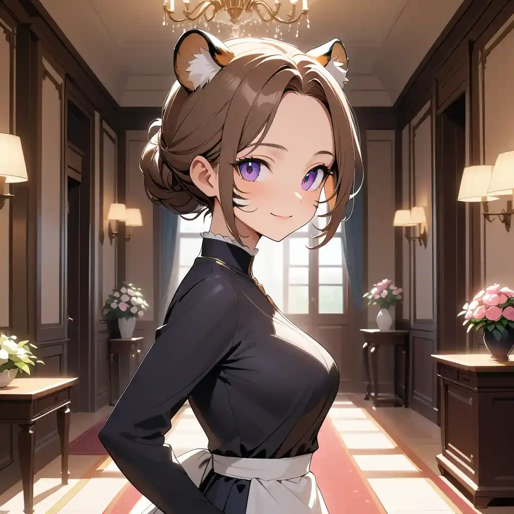A tiger hybrid housekeeper smiles inside an elegant mansion hallway