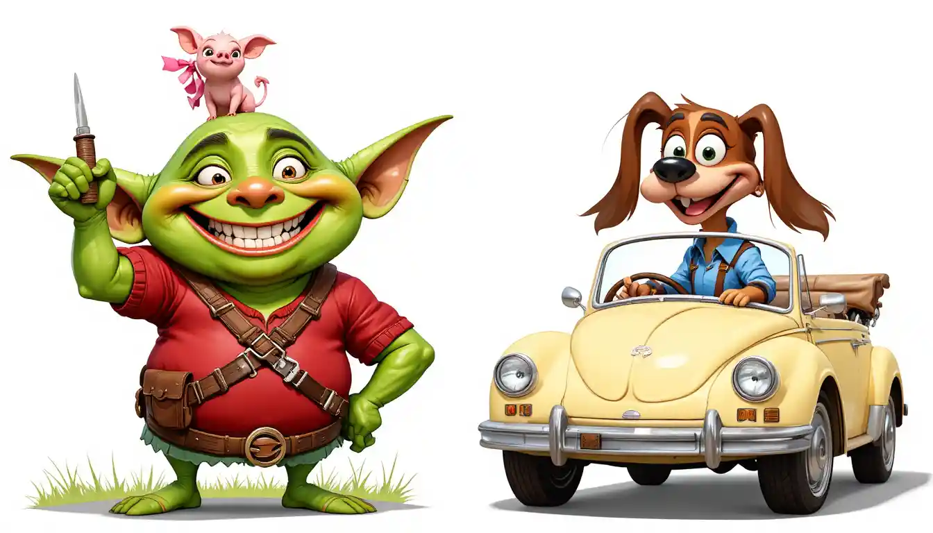 Un goblin sorridente indica verso l’alto con dei maialini appollaiati sulla testa