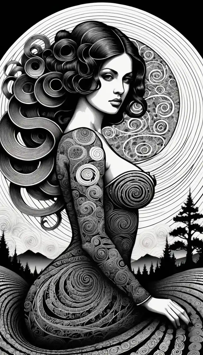 Eine Frau aus ineinander verschlungenen schwarzen Spiralen vor einem spiralförmigen Hintergrund