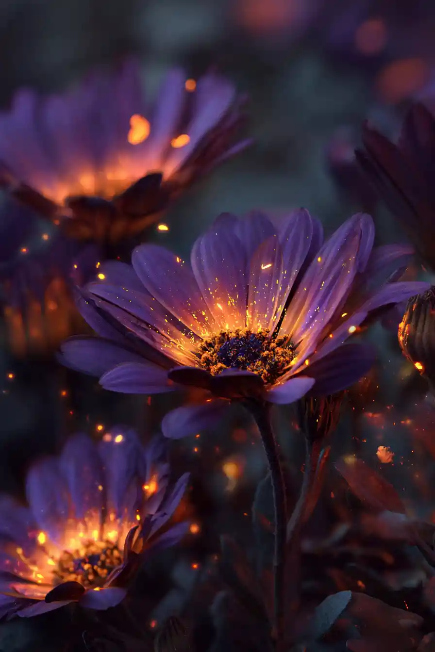 Flores roxas cintilantes em uma obra floral cinematográfica