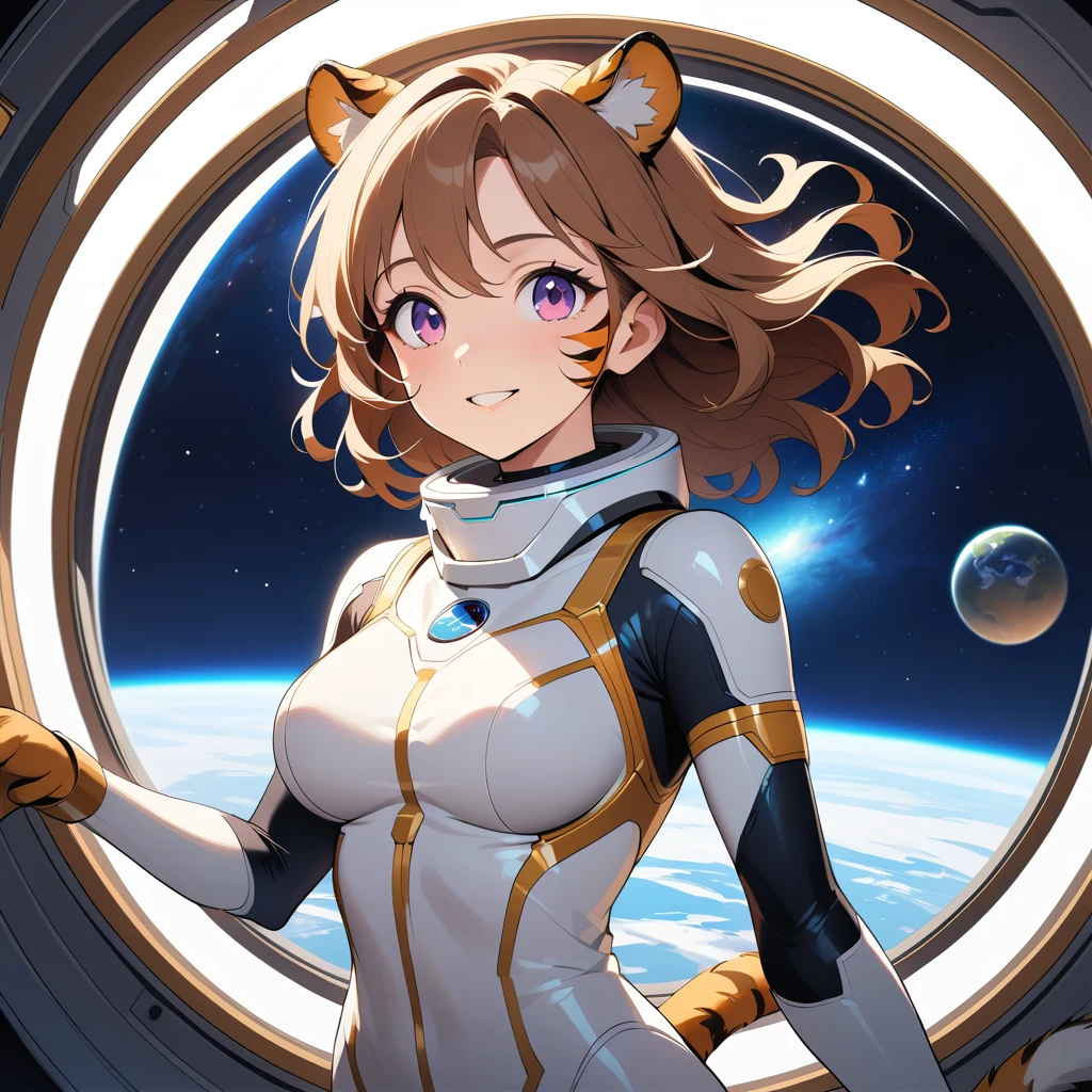 Tiger woman stands inside a futuristic space station cupola