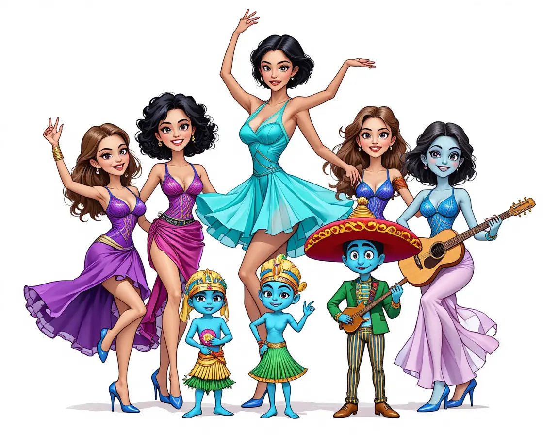 Three dancing women surround cheerful blue cartoon characters in a colorful collage