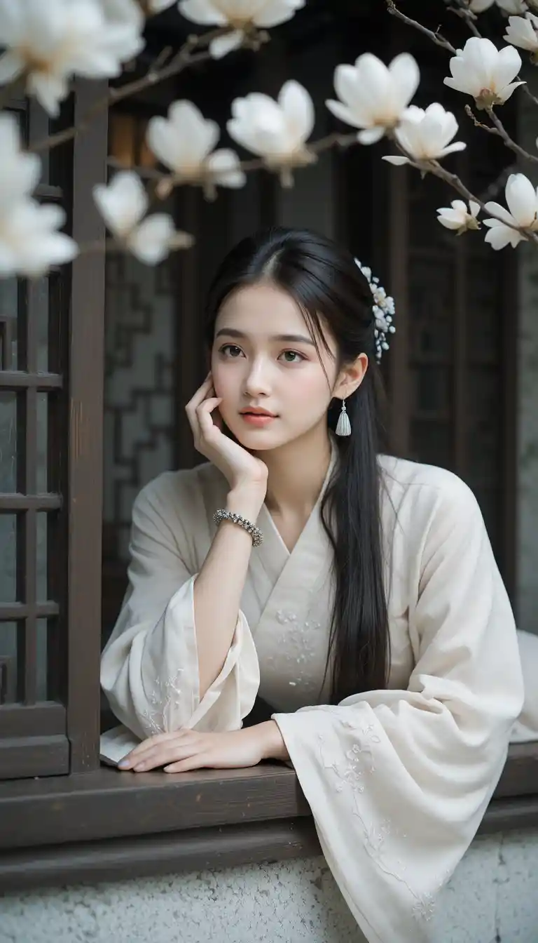 A woman in embroidered hanfu leans beside a carved lattice window