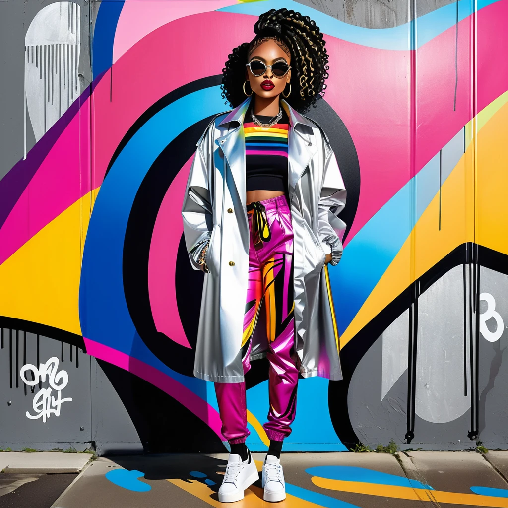 A confident black girl strides in a playful caricature fashion illustration