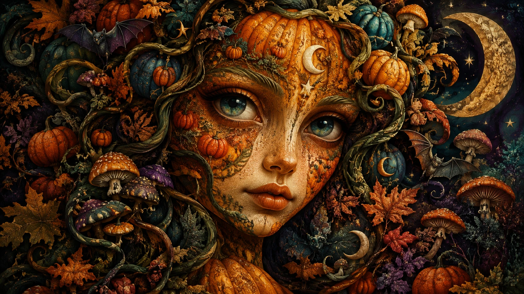 A pumpkin spirit portrait with a humanlike face emerging from its form
