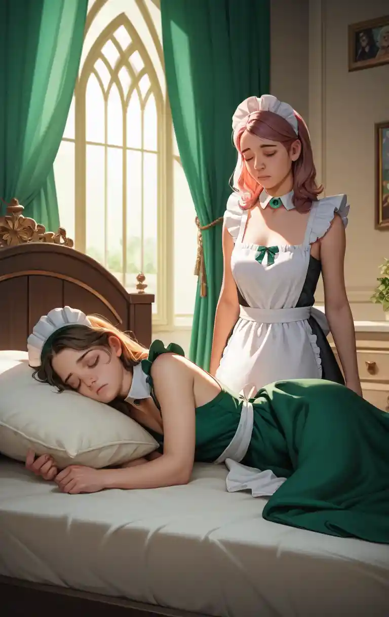 귀족 소녀가 깨어나자 하녀가 침대 캐노피 커튼을 연다