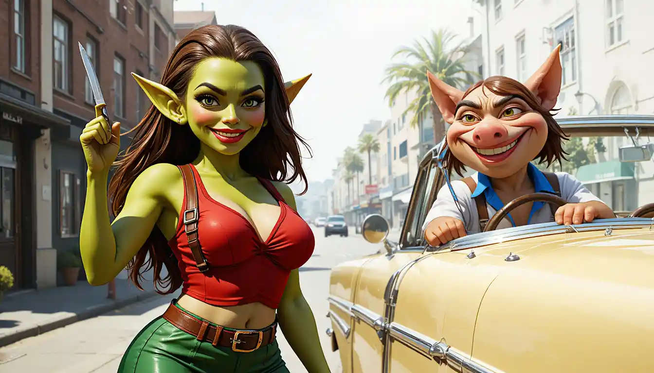 A grinning green goblin points up with piglets perched nearby