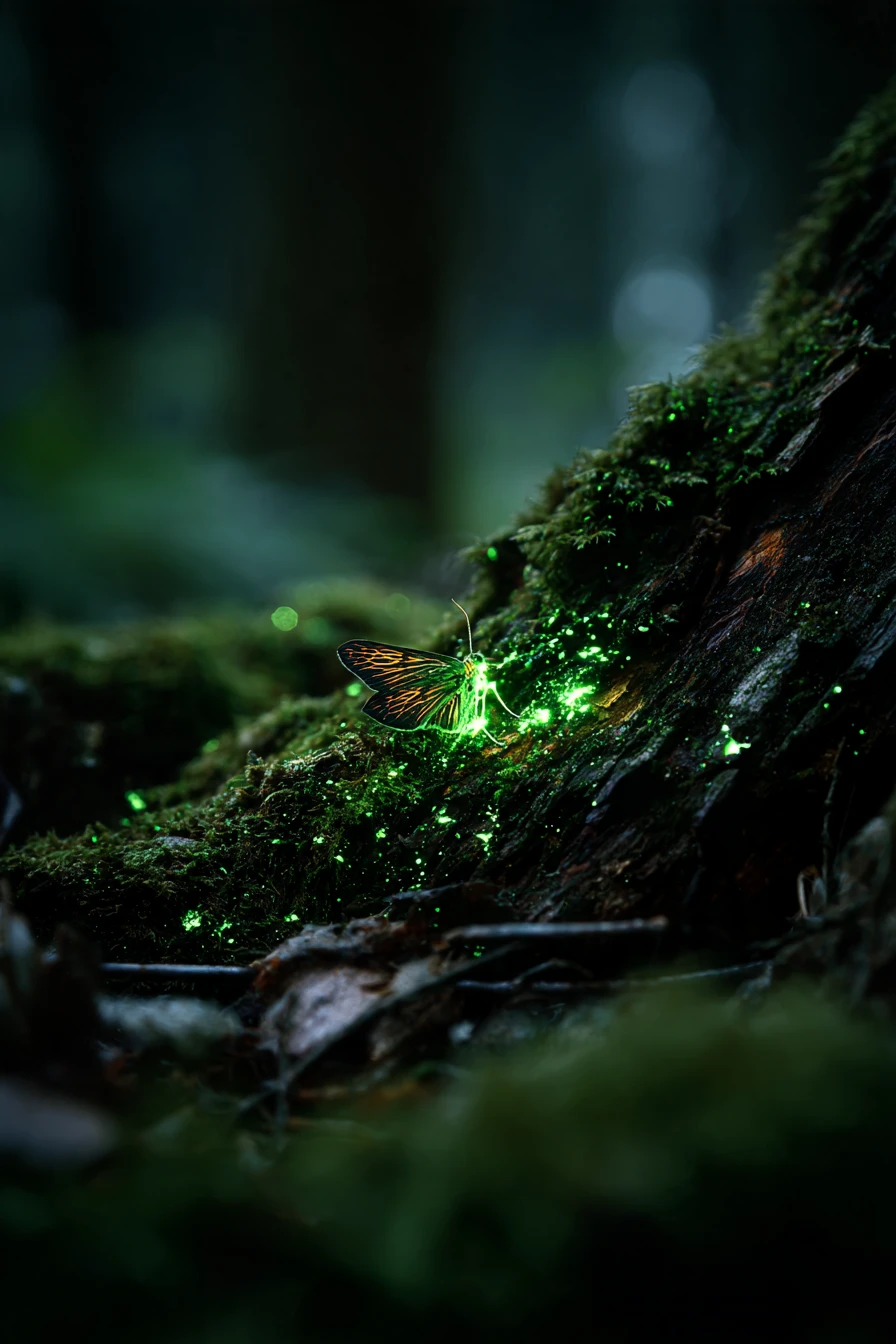 幻想的な森で、光る蛾が苔むした木の樹皮にとまっている