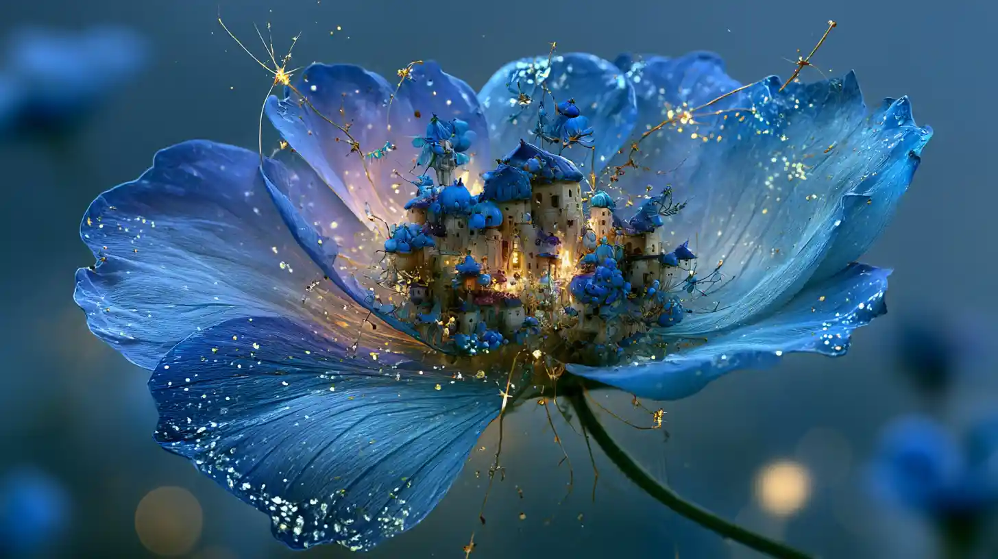 Un minuscolo villaggio arroccato su un fiore blu