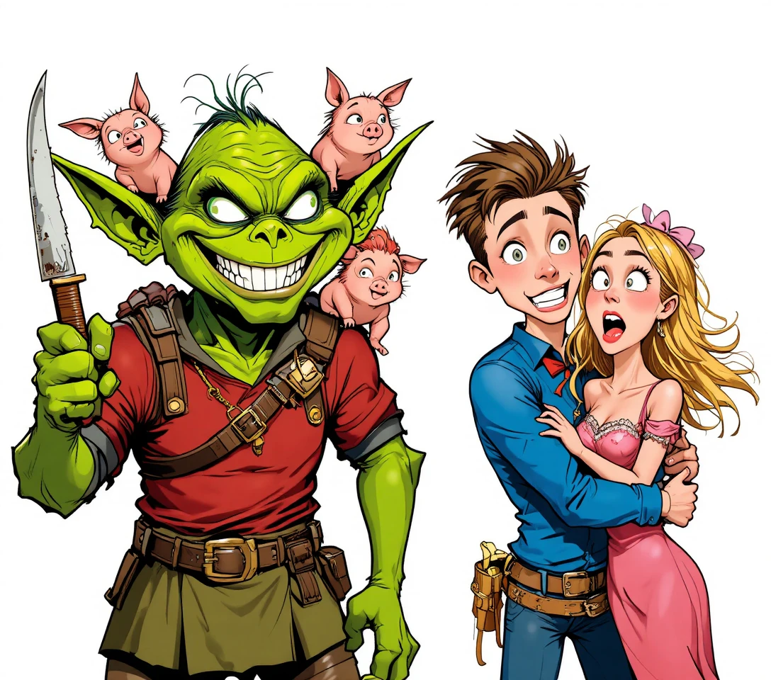 Un goblin sorridente tiene in mano un coltello, con due maiali appollaiati sulla schiena