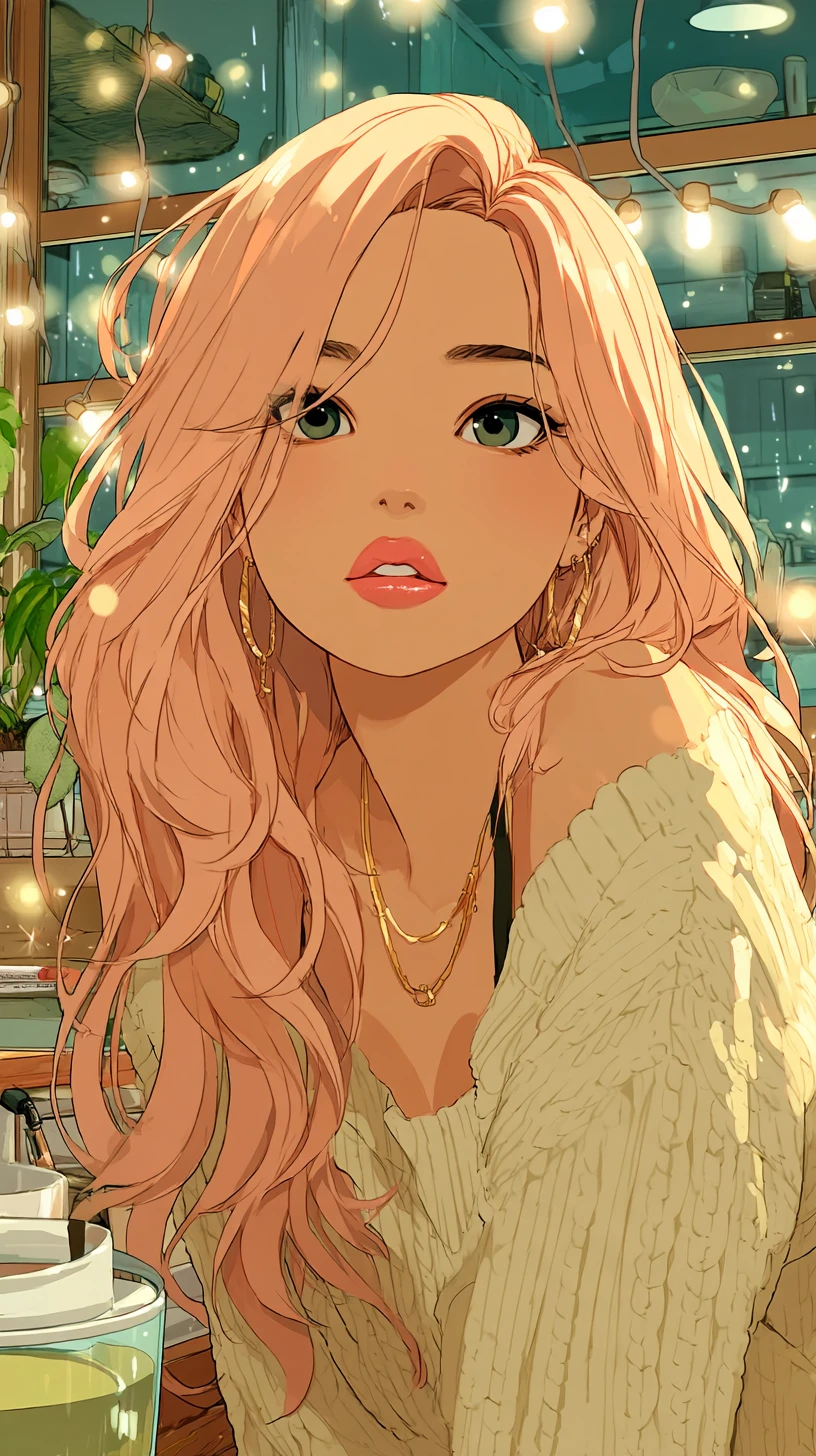 K-Pop-Idol im Anime-Stil in einem gemütlichen Raum mit warmem, goldenem Licht