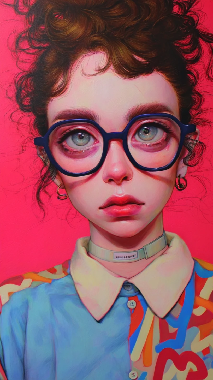 A young woman's illustrated portrait with expressive eyes and voluminous hair