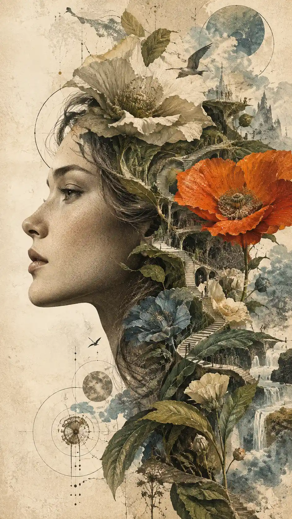 Um perfil lateral revela um mundo impossível de flores arquitetônicas